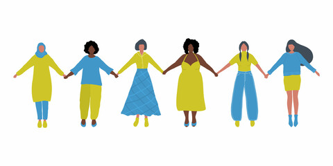 Fototapeta premium Women are holding hands. International Women's Day concept. Women's community. Female solidarity. Vector illustration