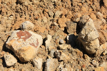 粘土質の土と、大小様々な石の地面
