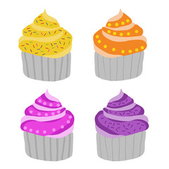 Sweet cupcakes with cream and berries. Cute vector cupcakes and muffins set. Vector cartoon style set of sweet cupcakes. Muffin isolated on white background. Yummy dessert decorated.