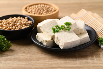 Homemade tofu with soybean seed, Vegan food ingredients in Asian cuisine, Plant based