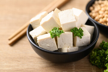 Homemade tofu with soybean seed, Vegan food ingredients in Asian cuisine, Plant based