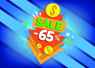 Sale discount, tags and arrow icons for promotion, sixty-five percent off, -65%