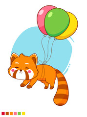 Cute red panda flying with balloons cartoon character