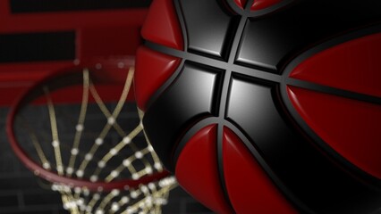 Black-red basketball and basketball plate on black brick block wall under spot lighting background. 3D illustration. 3D high quality rendering.