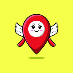 Cute cartoon pin location character wearing wings in modern style design 