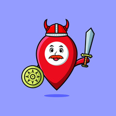 Cute cartoon character Pin location viking pirate with hat and holding sword and shield 