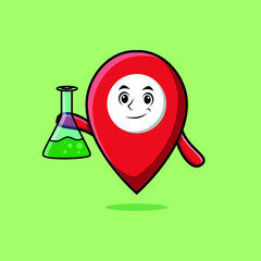 Cute cartoon mascot character pin location as scientist with chemical reaction glass in cute modern style design