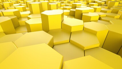 Abstract background with waves made of yellow futuristic honeycomb mosaic geometry primitive forms that goes up and down under black-white lighting. 3D illustration. 3D CG. High resolution.