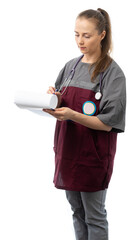 nurse, nurse in overalls with fanndoscope and red cross emblem. a girl with a ponytail in a burgundy outfit holds a tablet for thoughtag. captures information. isolated white background