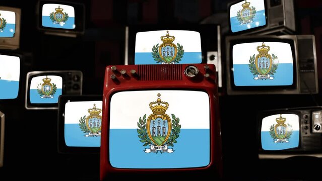 Flag of San Marino and Vintage Televisions. 4K Resolution.