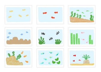 いろいろな魚が泳ぐ水槽　水彩タッチイラスト