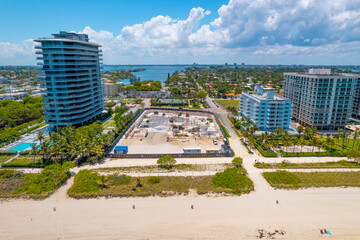 Surfside Condo Building Collapse in Miami Beach Florida. Panorama of Miami Beach City FL. Atlantic Ocean. Beautiful View on Residential house, Hotels and Resorts on Island. Turquoise color of water.
