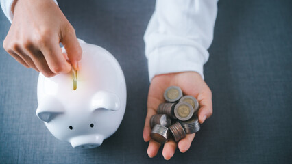 A woman's hand is putting a coin in a piggy bank.