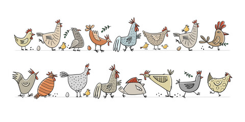Funny farm birds family. Chicken and Rooster characters. Art collection for your design - 506970375