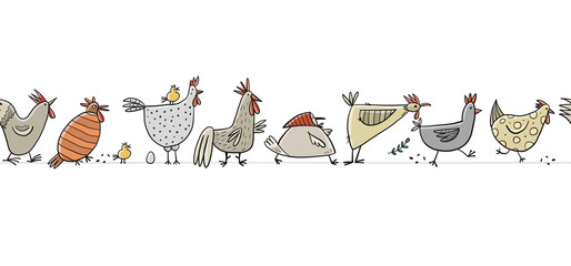 Funny farm birds family. Chicken and Rooster characters. Seamless pattern background for your design