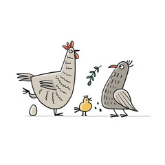 Funny Family - Chicken and Rooster characters with chick. Art isolated on white for your design