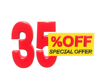35 percent off 3D illustration in red with white background with special offer sign and copy space