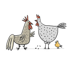 Funny Family - Chicken and Rooster characters with chick. Art isolated on white for your design