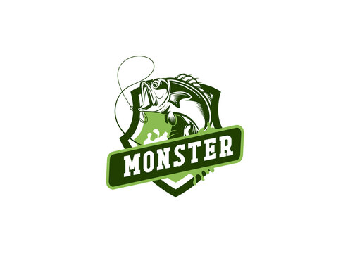Monster fish emblem logo. Fishing logo design template. Stock Vector