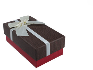 Gift box with a brown lid tied with a white fabric bow. placed on a white background