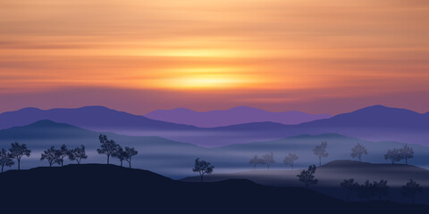 Fototapeta premium Mountain landscape at sunset, fog and hills, rural view