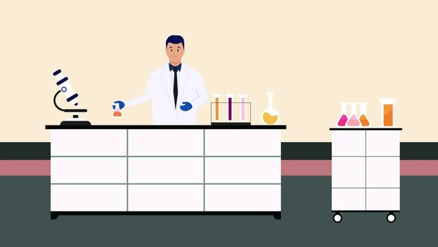 A scientist testing chemicals with a test tube 4K animation. Chemical reaction concept inside a laboratory 4K footage. Scientists researching chemistry molecules and chemical changing color animation.