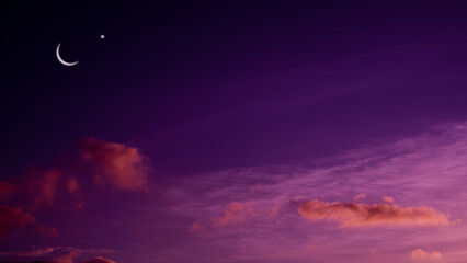 Obraz na płótnie Canvas Ramadan, Eid ai-fitr,New year Muharram islamic religion Symbols with Crescent Moon and star silhouette on dark red and dark black twilight sky in night sunset. copy space for add text presentation.