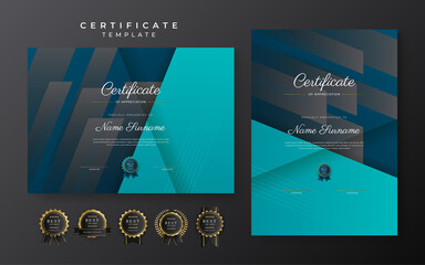Blue certificate of achievement template with gold badge and border