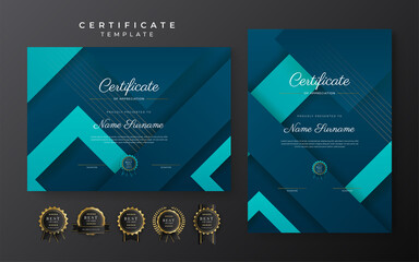 Blue certificate of achievement template with gold badge and border