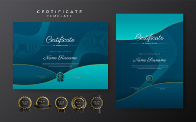 Blue certificate of achievement template with gold badge and border