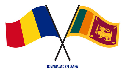 Romania and Sri Lanka Flags Crossed And Waving Flat Style. Official Proportion. Correct Colors.