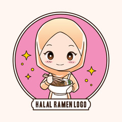 Cute moslem girl eat halal ramen noodles food hand drawn cartoon art illustration. Mascot logo vector style. 