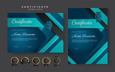 Blue certificate of achievement template with gold badge and border