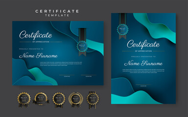 Blue certificate of achievement template with gold badge and border