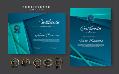Blue certificate of achievement template with gold badge and border