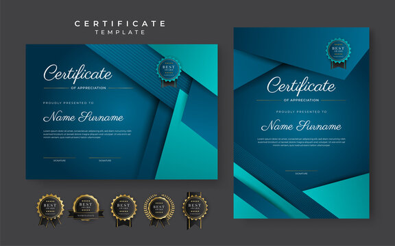 Blue certificate of achievement template with gold badge and border