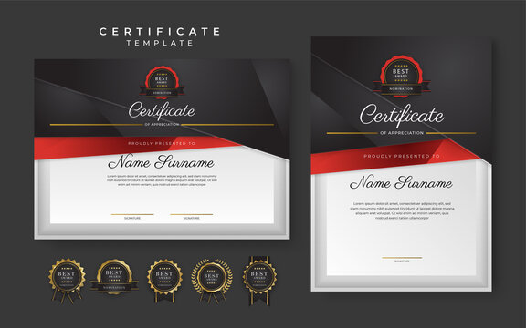 Red And Black Certificate Of Achievement Template With Gold Badge And Border