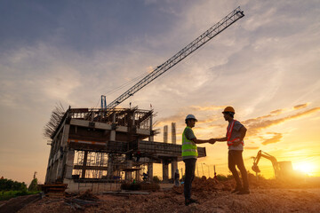 Architect civil and engineer in protective helmets and vests are shaking hands while working in construction site.