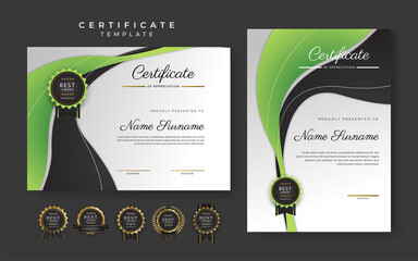 Green and black certificate of achievement template with gold badge and border