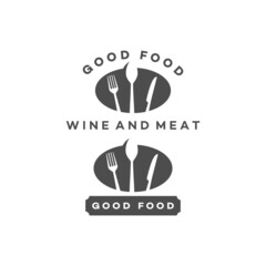 Good Food logo design template. Hand color vector like illustration background. Graphic fork icon symbol for cafe, restaurant, cooking business