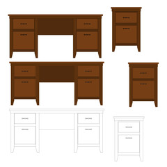 Vector brown wooden desk with two nightstands front view