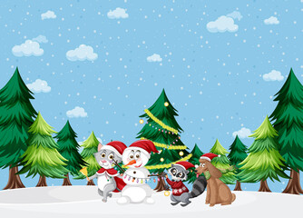 Christmas holidays with snowman in the snow