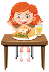 Happy girl enjoy eating food on table