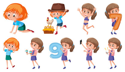 Set of children doing different activities on white background