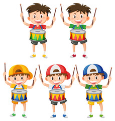 Set of kid playing drum cartoon character