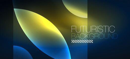 Abstract background with neon glowing light effects. Round shapes, triangles and circles. Wallpaper for concept of AI technology, blockchain, communication, 5G, science, business and technology