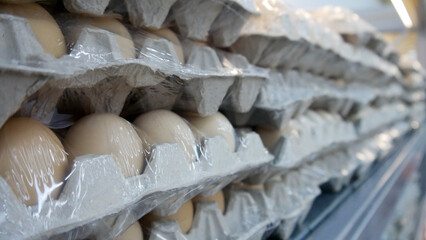Many cardboard cells of eggs on the warehouse shelves