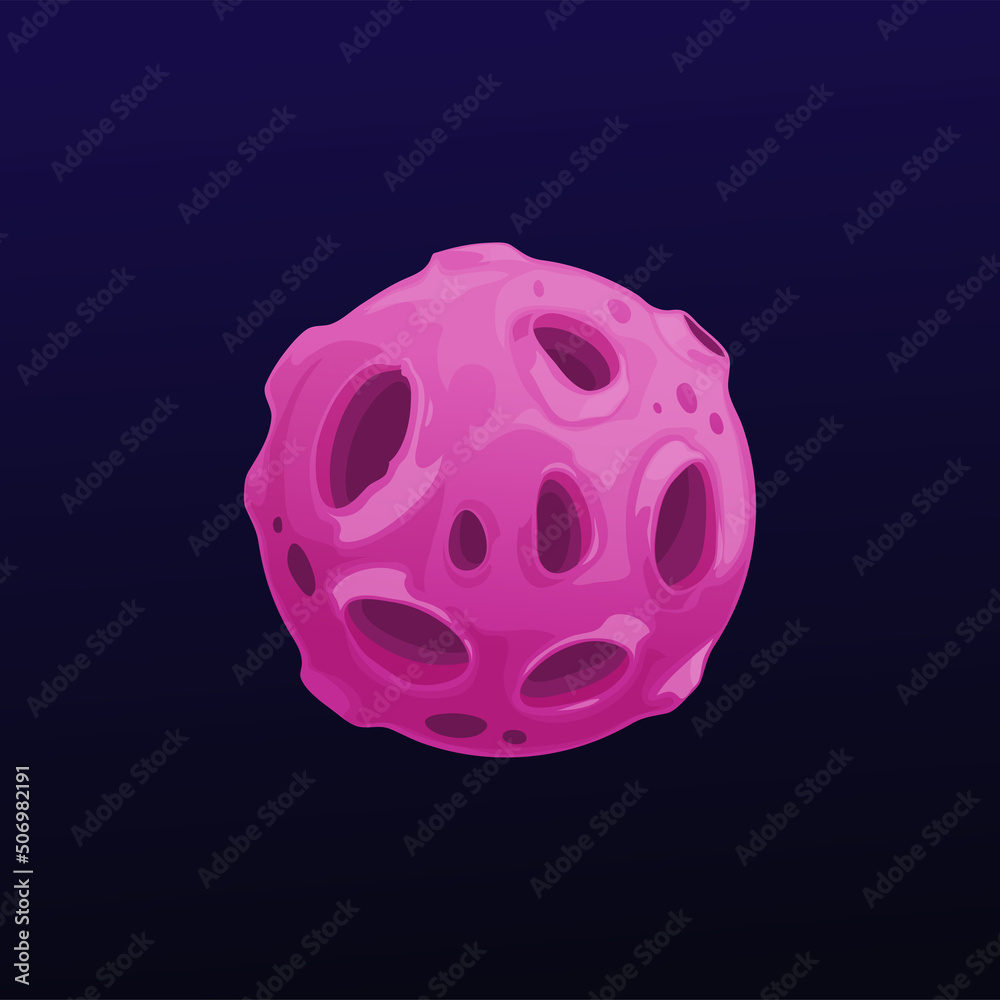Poster purple space planet with holes and craters. galaxy vector globe, violet sphere in universe. ui game 