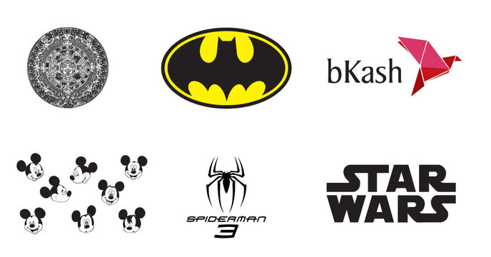 Spiderman 3 logo, Bkash logo, Star Wars logo, Batman logo, Mickey Mouse logo, azteca calendario logo, printed on white paper, editorial vector illustration.