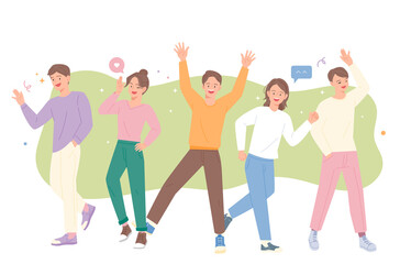 Naklejka premium Young people are doing lively poses. flat design style vector illustration.